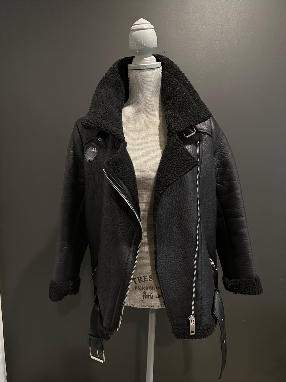 Zara Black Faux Shearling Biker Jacket